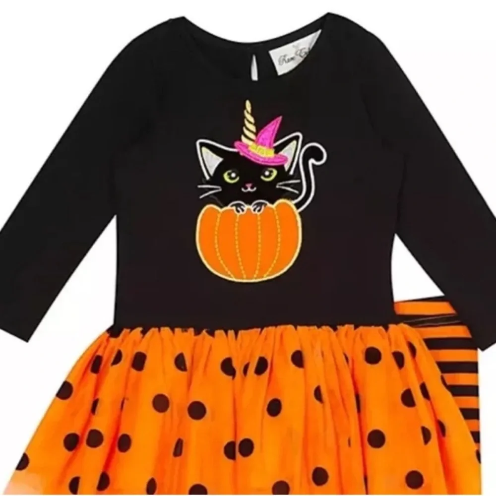 New! Black & Orange Halloween Cat in pumpkin tutu & striped legging set, size 8